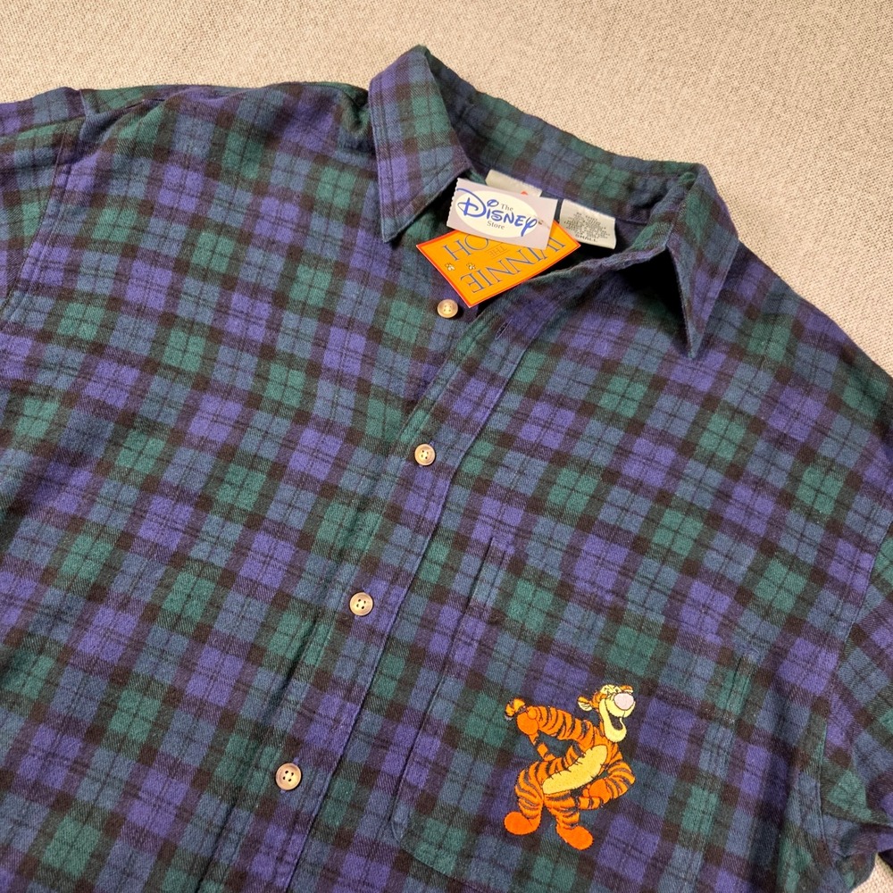 VTG‎ The Disney Store Tigger Flannel Button Down Shirt Size Small Blue/Green NWT